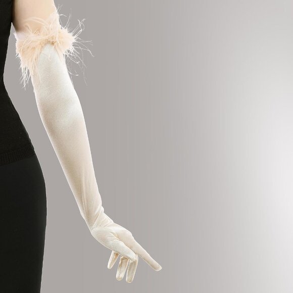 Long Satin Opera Gloves Champagne Feather Elbow Gloves for Formal Events - Picture 2 of 4